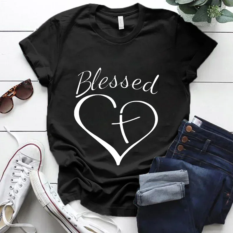 Blessed Cross and Heart Christian T Shirt Top Harajuku leisure Fashion Streetwear for  Unisex Clothes Graphic Tee Shirt