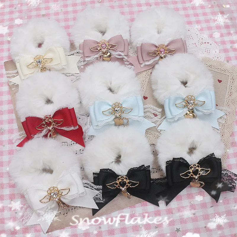 

Handmade Japanese Sweet and Cute Wings Rhinestone Love Pendant Fluffy Terry Hair Ornament Elastic Scrunchie Girl