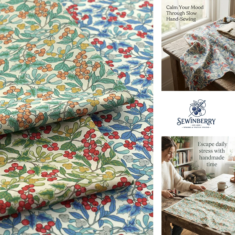 Christmas Berry Leaf Printed Cotton Fabric Stress-Relief DIY Sewing Material For Dress Blouse Fat Quarter Patchwork Home Decor