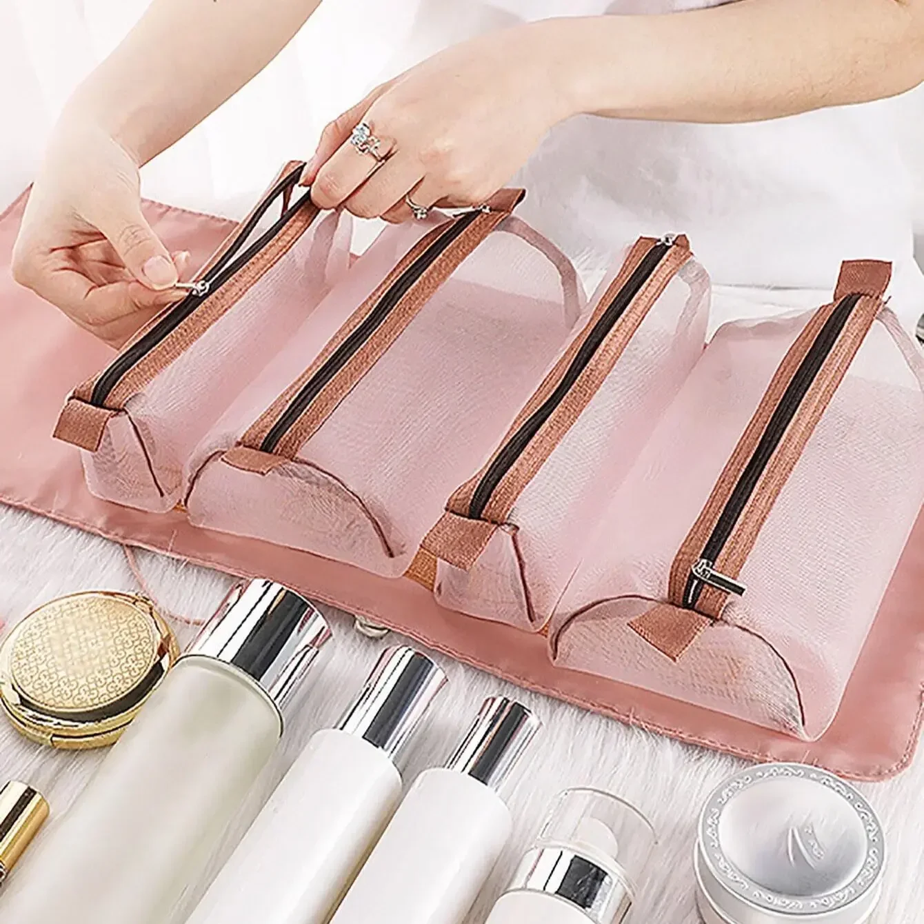 

1PC-Travel Cosmetic Bag For Women Zipper Mesh Separable Cosmetic Pouch Ladies Foldable Bag Rope Makeup Storage Bag