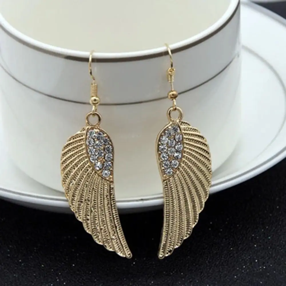 Gift Unique Long Rhinestone Fashion Rhinestones Jewelry Drop Angel Wings Dangle Earrings Elegant