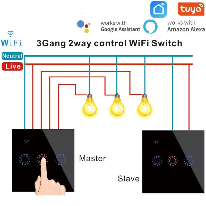 

2pcs/Set Tuya Smart 1/2/3 Gang 2 Way WIFI Switch Glass Wall Touch Switches Compatible Alexa Google Home Voice Control