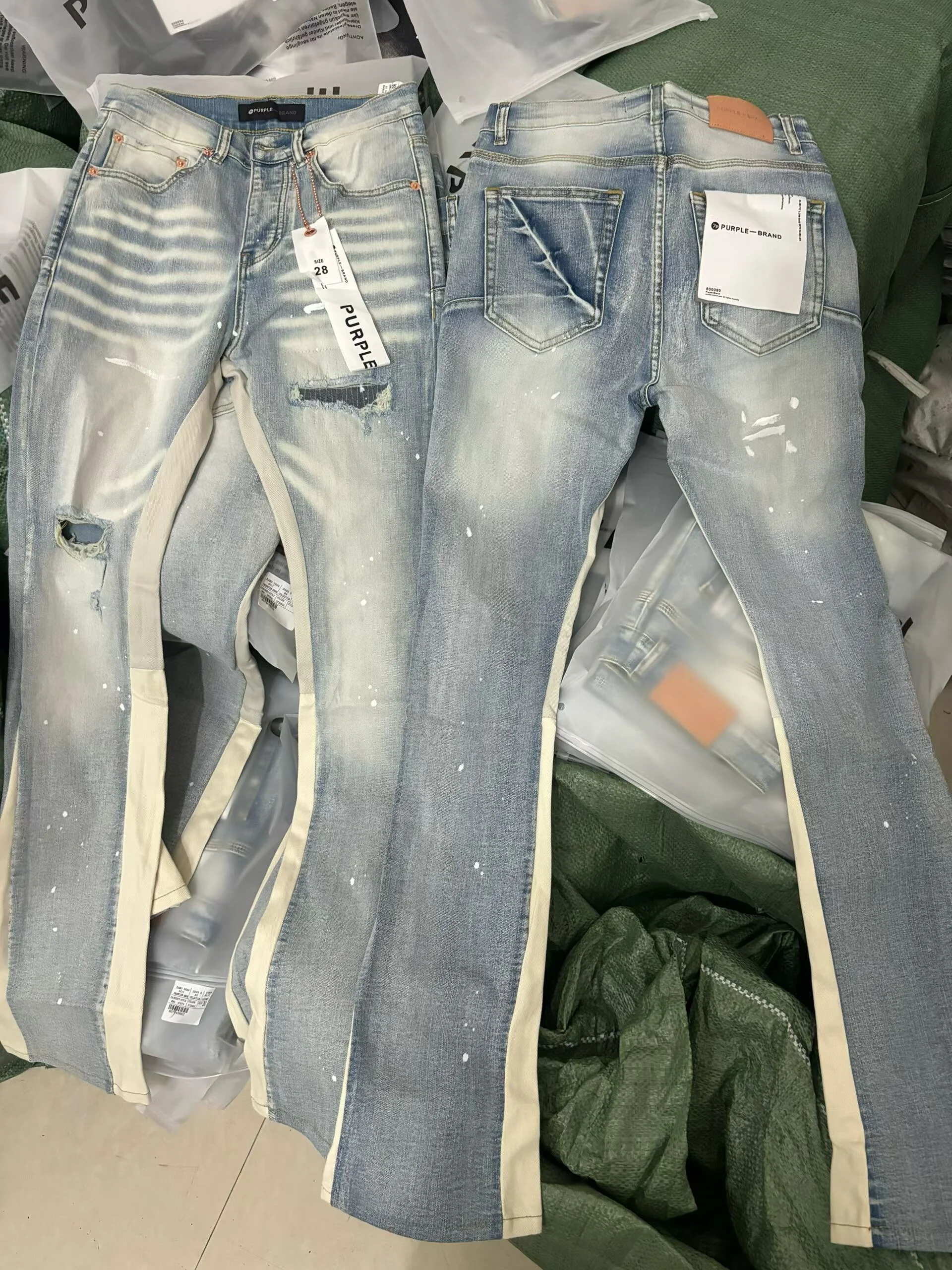 Retro Luxury American High Street Style Jeans Men's Women's Micro Flared Denim Pants with PU Leather Tear Splicing Trendy