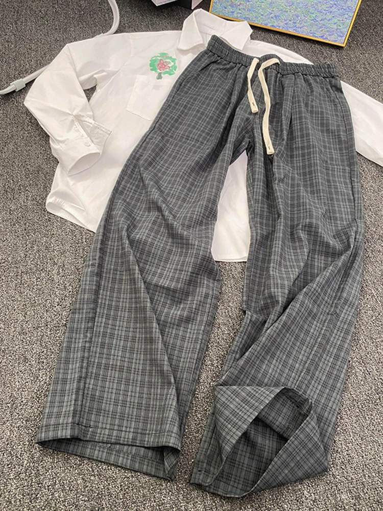 

Vintage Plaid Pants Men Women Summer Thin Cool Ice Silk Straight Leg Wide Leg Drapey Lazy Pants Casual Loose Fit Long Trousers
