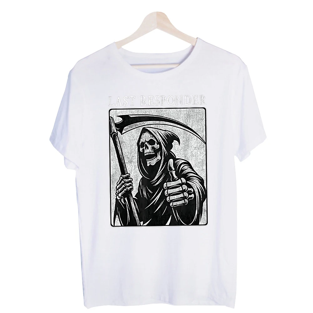 Men's Grim Reaper Graphic Tee, Short Sleeve Crew Neck T-Shirt with Skeleton Print for Casual Streetwear and Halloween Outfits