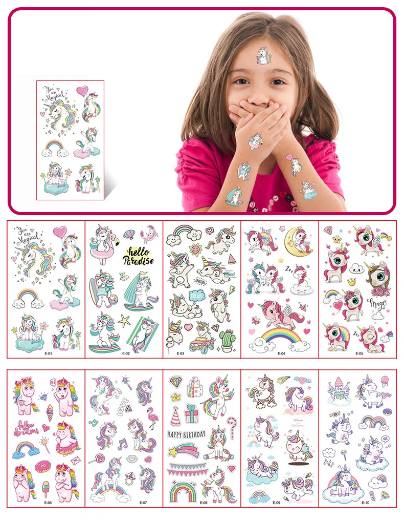 10 Blatt/Packung Kinder-Cartoon-Einhorn-Tattoo-Aufkleber für Kinder, Arm, Hände, Körper, niedliches temporäres Fake-Tattoo