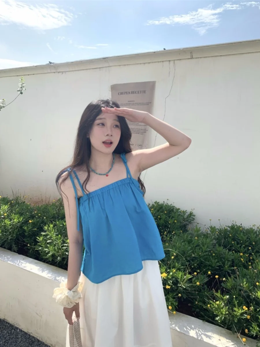 Top Solto com Alças Dopne Sweet Pure Desire para Mulheres, Nova Coleção de Verão 2024, Série de Cores Candy, Top com Nó em Mistura de Algodão e Poliéster