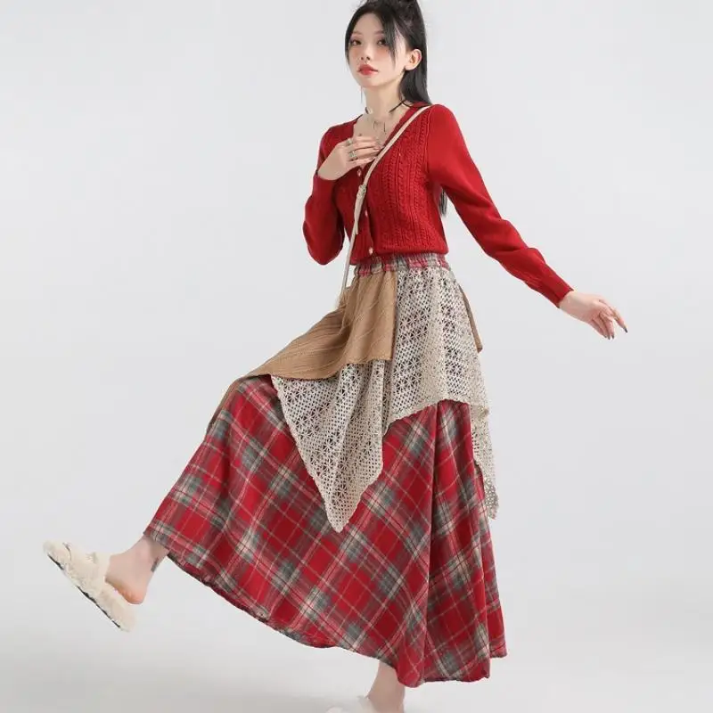 Forest Style Retro Women's Half Skirt New Autumn Winter Spicy Girl Irregular Splicing High Waisted A-Line Long Skirt Versatile