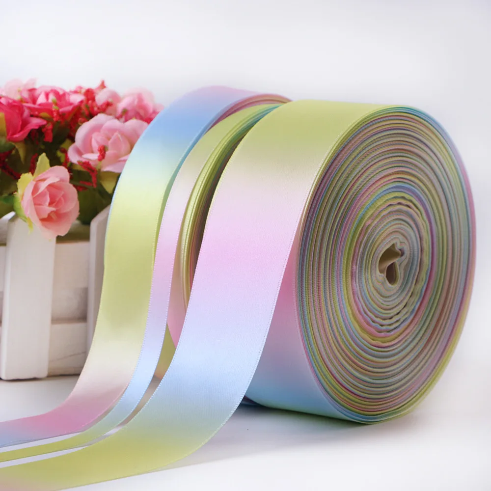 Light Rainbow Ribbons Satin double / Single side print Size 0.9/7.5cm 50/100Yard Each roll Spring Summer Happy fresh DIY Crafts