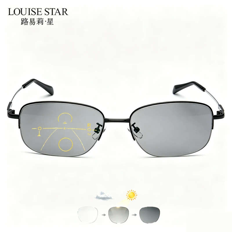 Classic Half Frame Titanium Memory Glasses Frame Multi functional Progressive Reading Glasses Photochromic Resin Lens