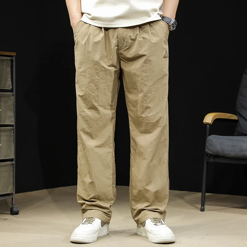 

All-in-one casual solid color straight leg casual pants men's new fast dry ice silk pants summer loose thin oversized pants