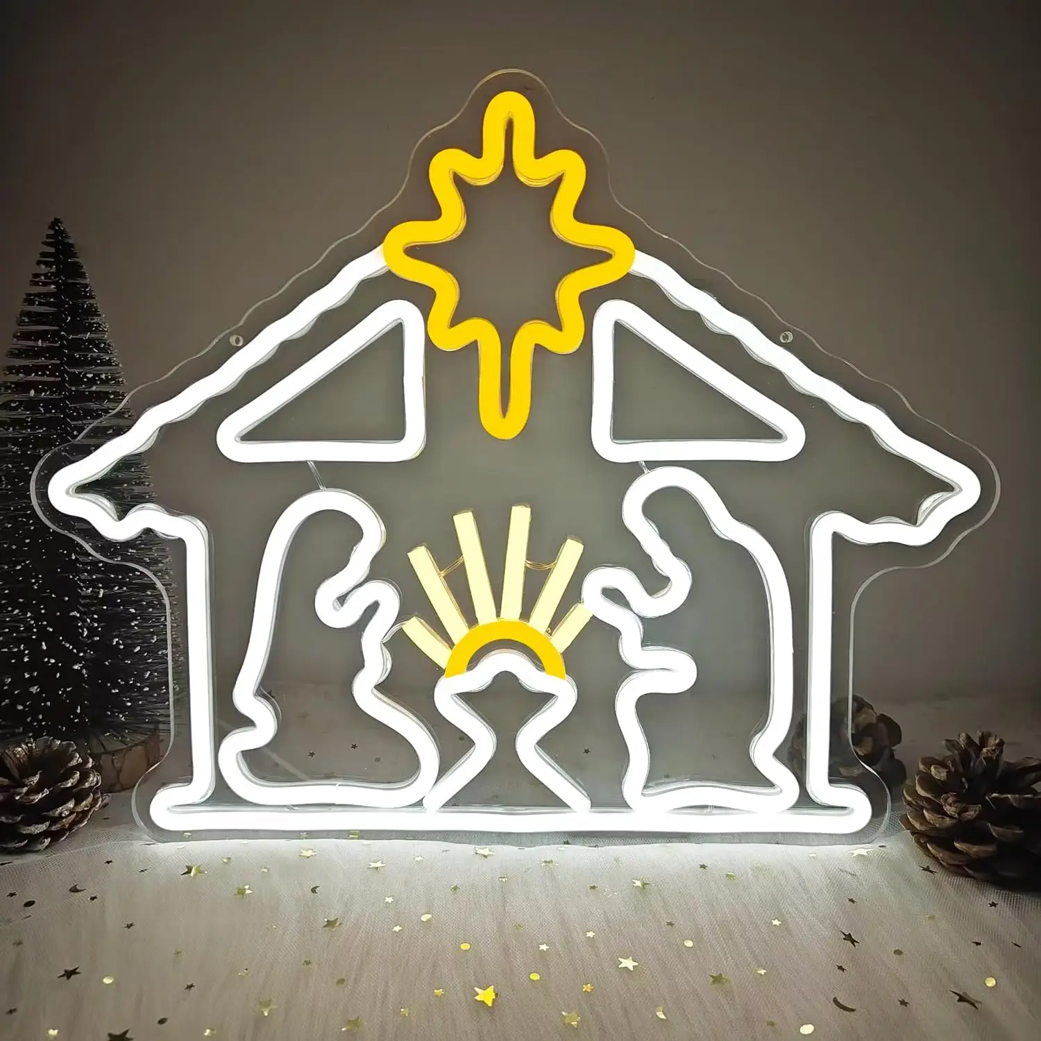 

Рождественская неоновая световая вывеска с изображением рождественского вертепа для украшения окон внутри помещений