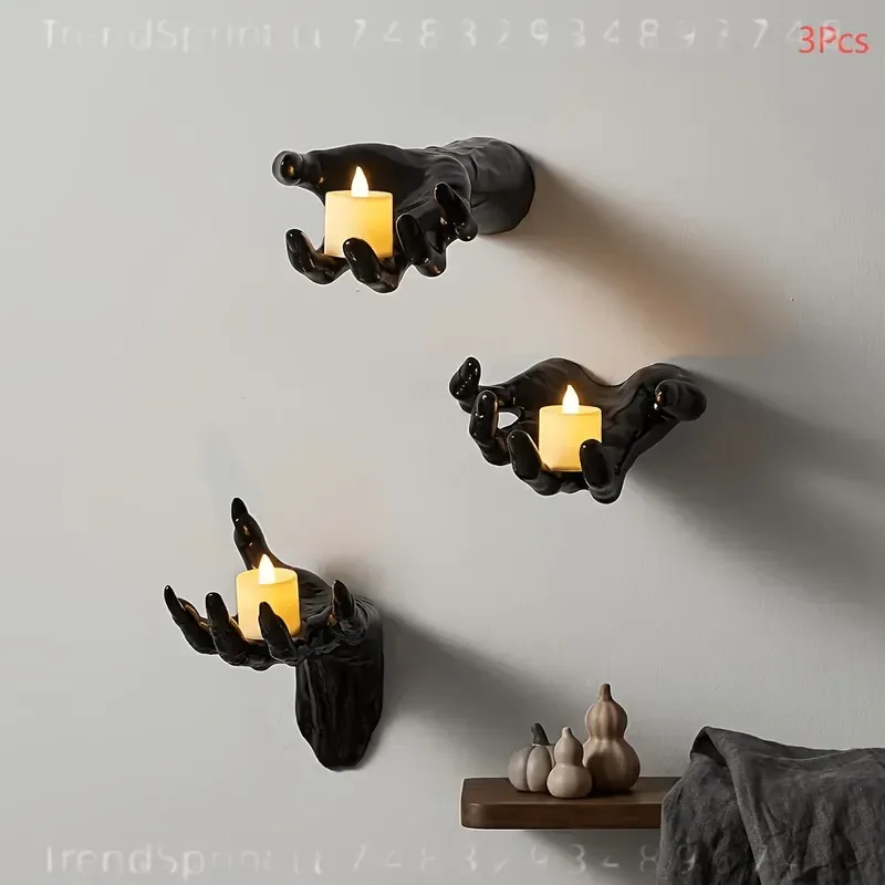 3 Pcs Halloween Wall Decor Lights 3D Scary Outstretched Black Hand With LED Candles Life‑Size Spooky Hand Ornament For Indoor Outdoor Home Party Decoration