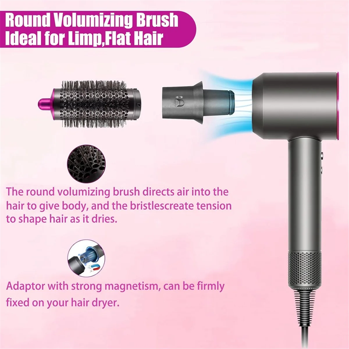 Hair Curling Barrel Volumizing Brush Attachments with Adaptor for Hair Dryer Converting to Hair Styler