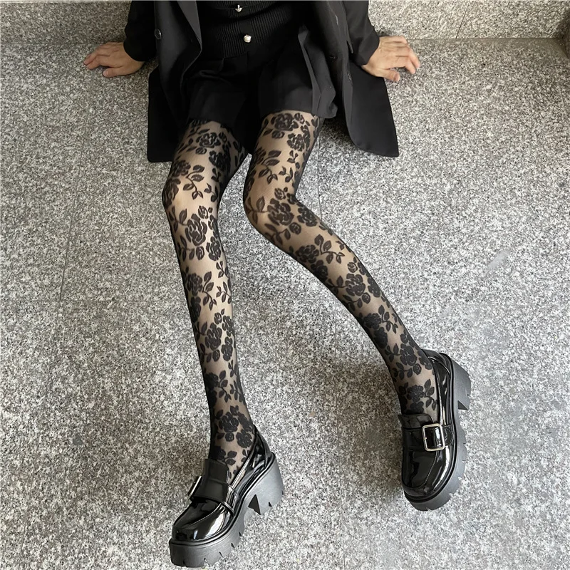 2022 New Vintage Rose Tights Feminine Lace Jacquard Tights Thin Anti-hook Silk Black Tights