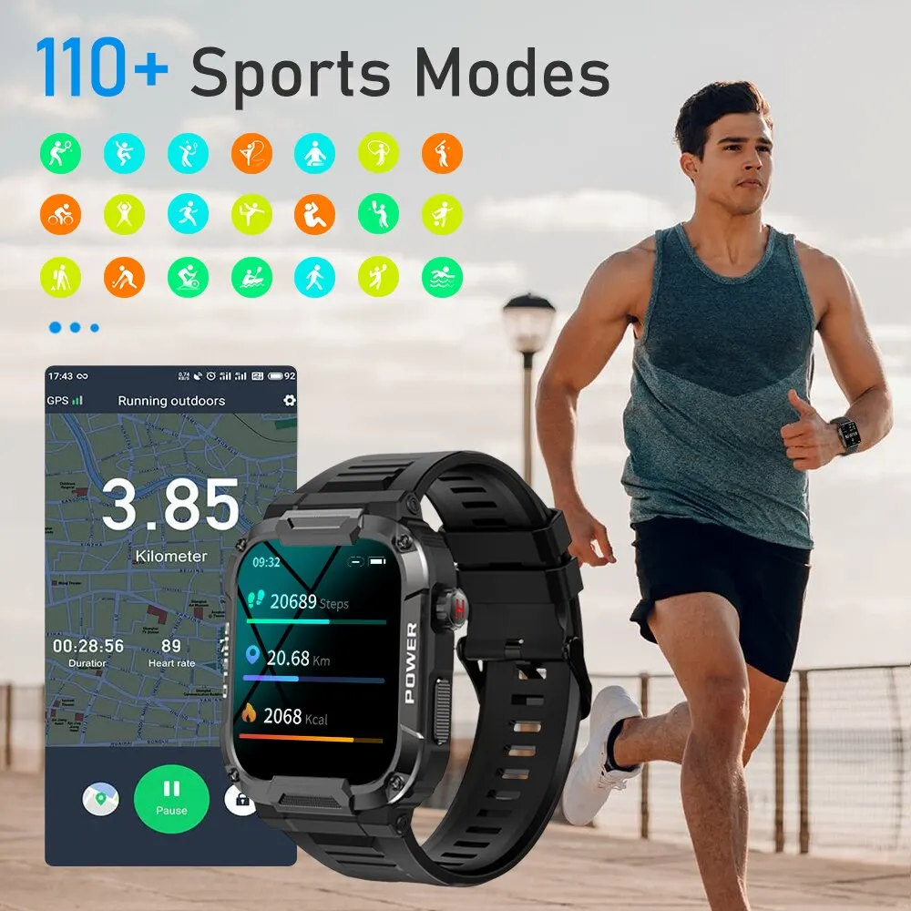 1.85 męski inteligentny zegarek wojskowy zdrowy Monitor AI głos Bluetooth Call Fitness wodoodporny sportowy Smartwatch dla HUAWEI XIAOMI