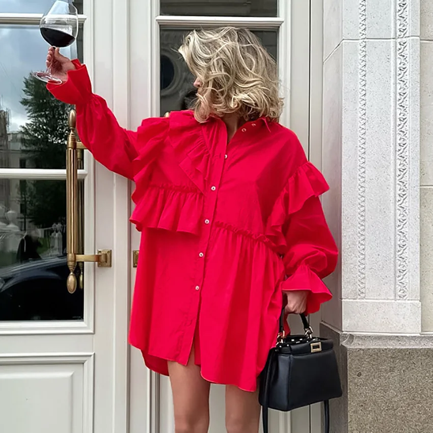 

Design Sense Cascading Ruffle Leaf Edge Top Women's Spring New Loose Heavy Industry Pure Cotton Lace Shirt