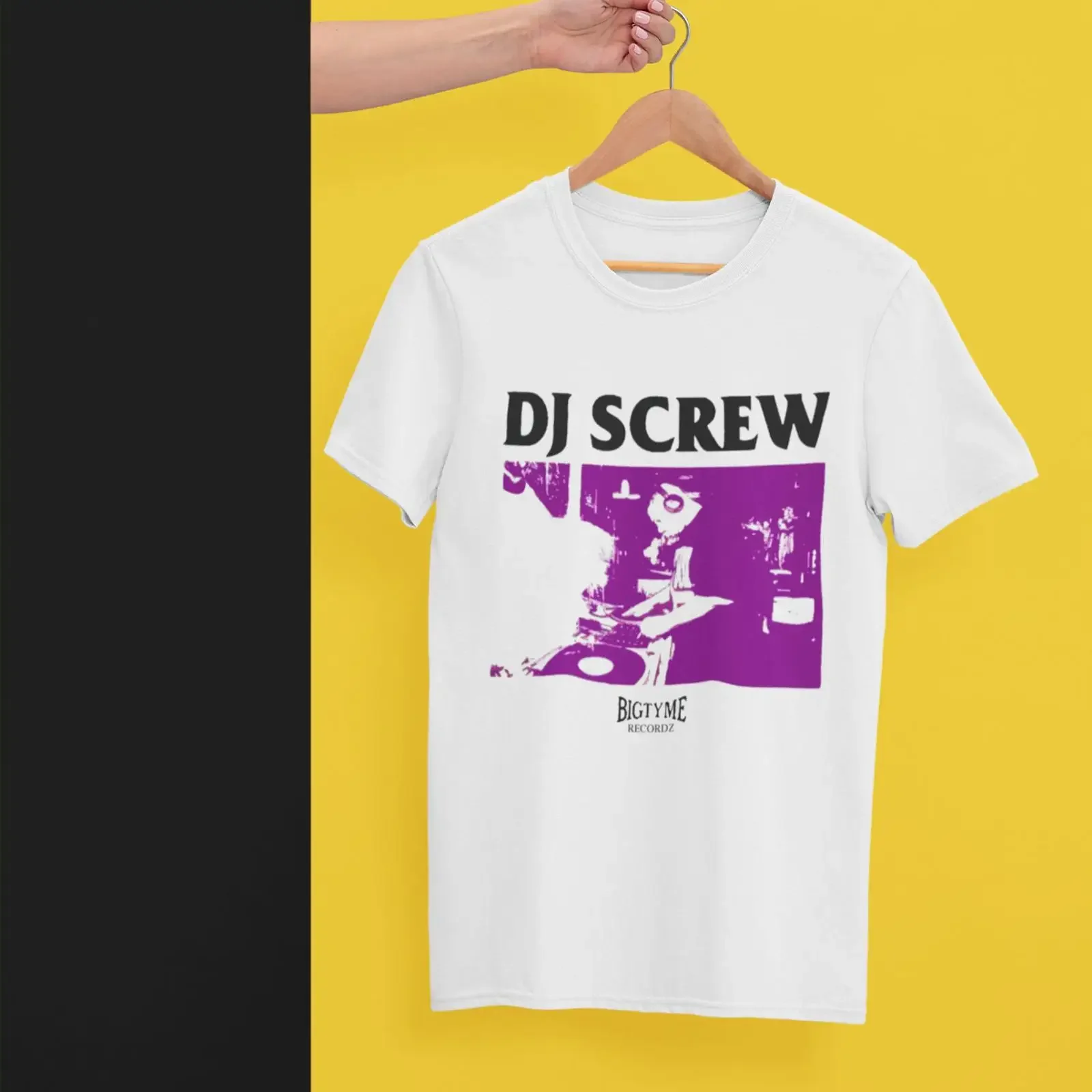 May include White t shirt with a purple graphic of DJ Screw record player and the text Bigtyme Records vintage Washed Versatile