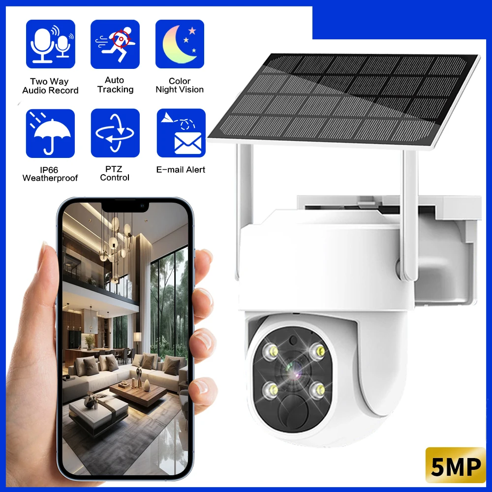 

5MP Wireless Solar Panel Rechargeable Outdoor Two Way Audio Built in Battery PIR Detection Color Night Vision Wifi PTZ IP Camera