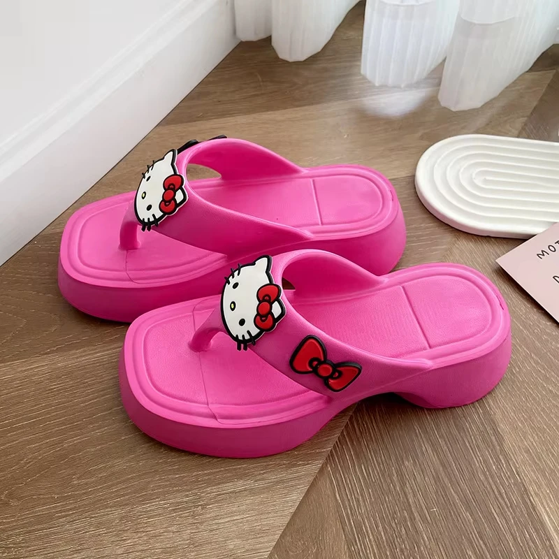 Kawaii Sanrio Hello Kitty Cinnamoroll Melody Summer Slipper Women Kuromi Flip-Flops Thick Bottom Women's Legged Beach Sandals