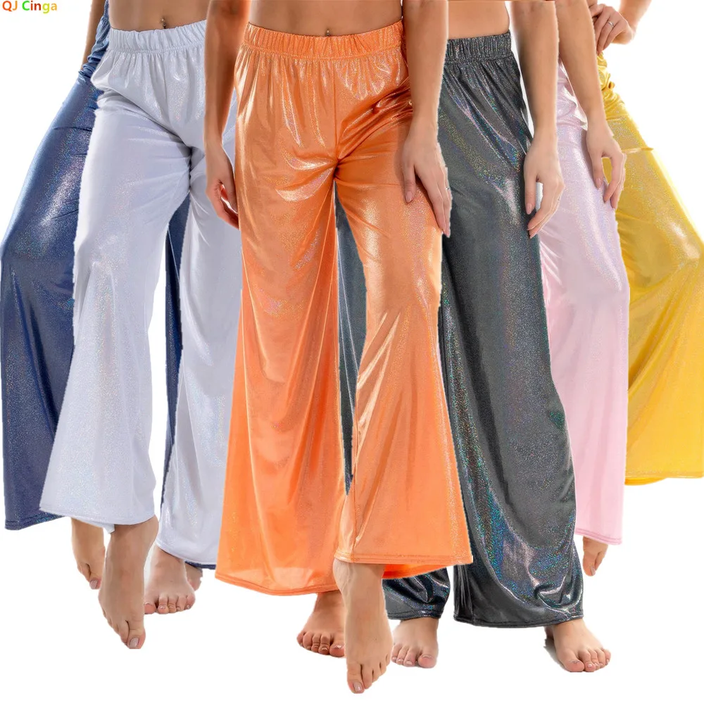 2026 Spring New Arrival: Women's Elastic Waist Shiny Orange Pants, Elastic Waist Yoga trousers. Available in White, Pink, Yellow