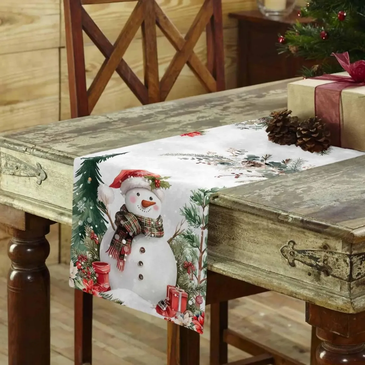 Christmas Snowman Xmas Tree Berries Linen Table Runner Party Decor Reusable Winter Dining Table Runner Christmas Decorations