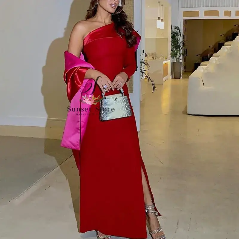 

CustomizedElegant Red Mermaid Prom Dress One Shoulder Satin Party Evening Gown Ankle Length Special Occasion Dresses