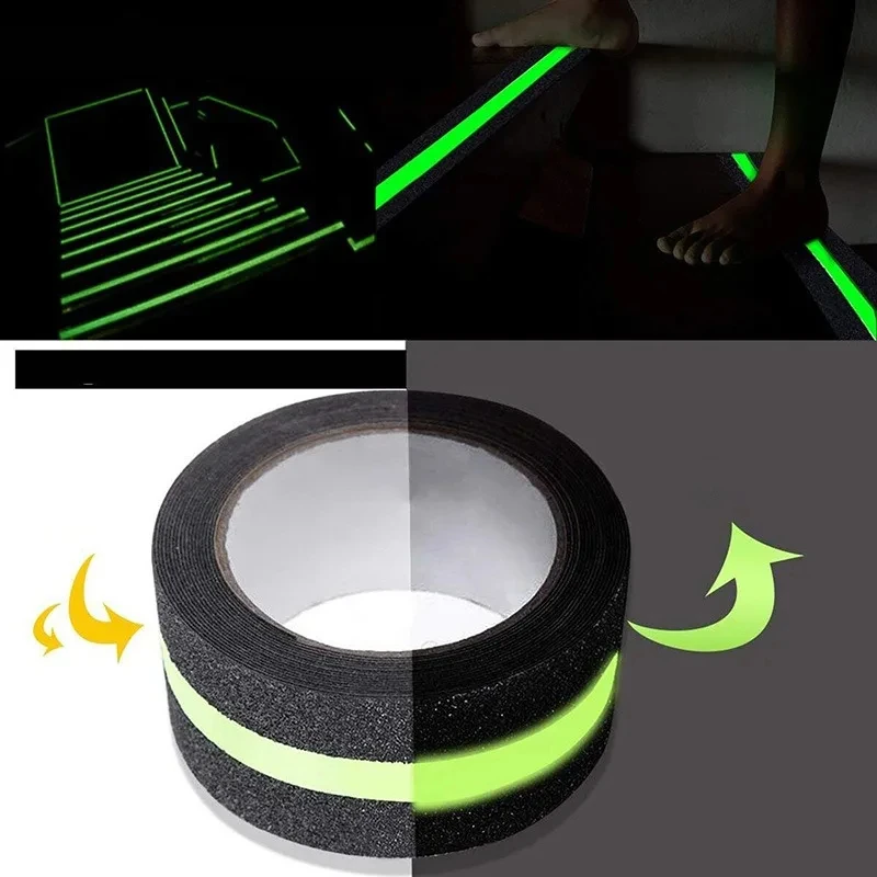 5CM x 5/2M Anti Slip Traction Tape With Glow in Dark Green Stripe Friction Abrasive Adhesive For Stair Tread Step Indoor Outdoor