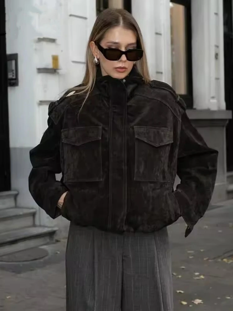 

Winter Khaki Suede Leather Women's Jacket Fashion Stand Collar Zippers Pockets Women Coat 2025 Autumn New Female Vintage Outwear