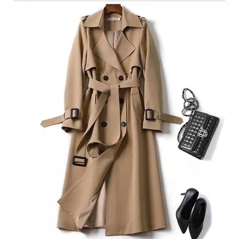 Trench da donna 2024 Autunno Giacca lunga coreana con cintura Cappotto doppiopetto in kaki solido stile britannico da donna