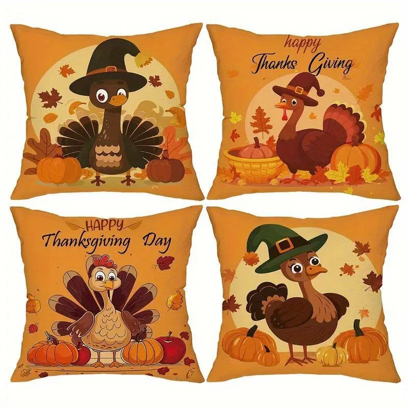 4pcs Thanksgiving Turkey Pillow Covers 18x18 Inch - Plush Autumn Pumpkin Fall Leaves Decor with Zipper Closure, Machine Washable