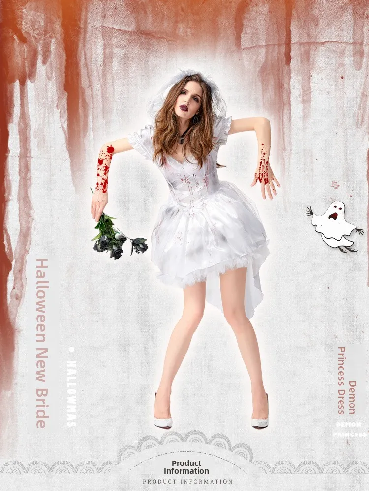 Loween branco fantasma noiva manchado de sangue zumbi morte deus casamento dr foto oot múmia esqueleto seco traje feminino