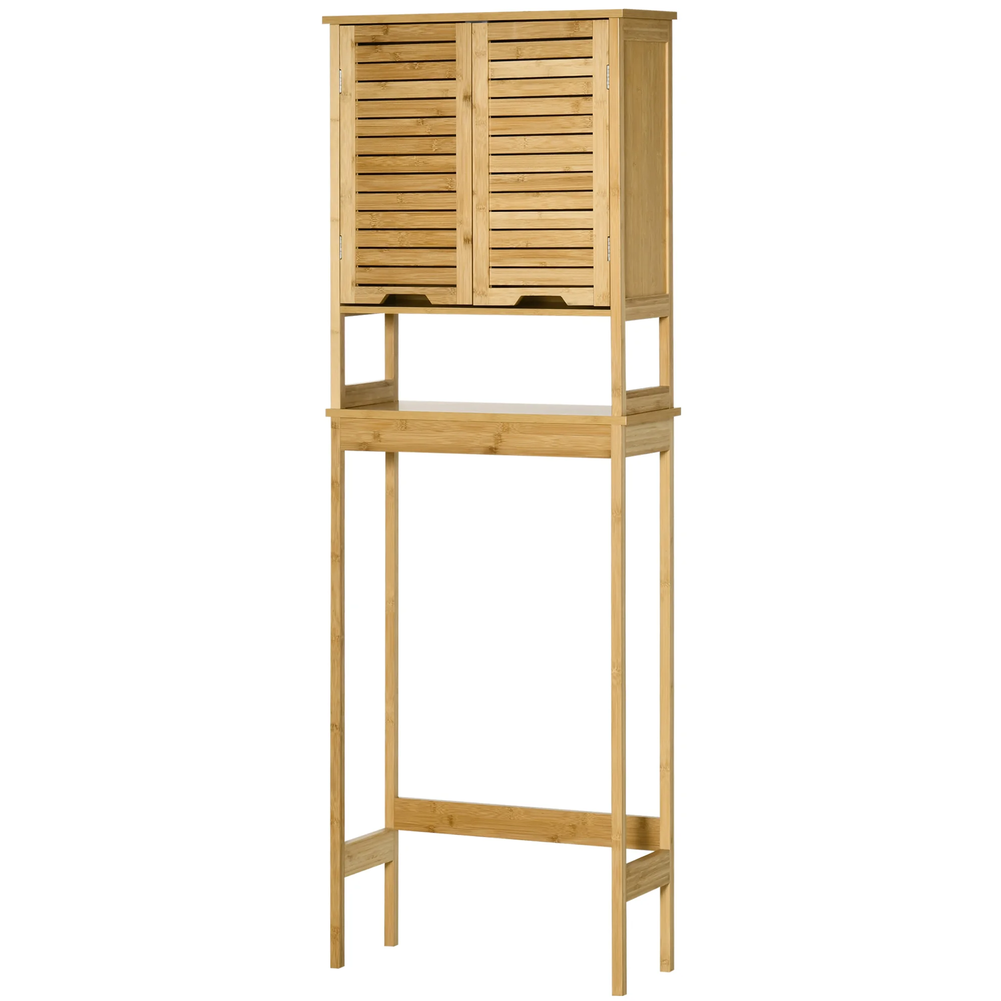 Kleankin Bamboo cabinet over toilet high cabinet for washing machine with 2 doors 1 Interior shelf and 1 bathroom storage rack 60x23x173 cm Natural