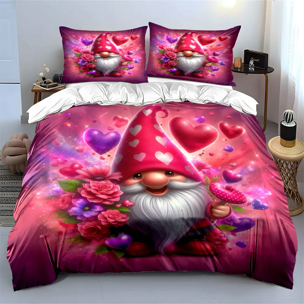 Adorable gnome with flowers and candy surrounded by hearts Print Duvet Cover Bedding Set Included 1*Duvet Cover 2*Pillowcases