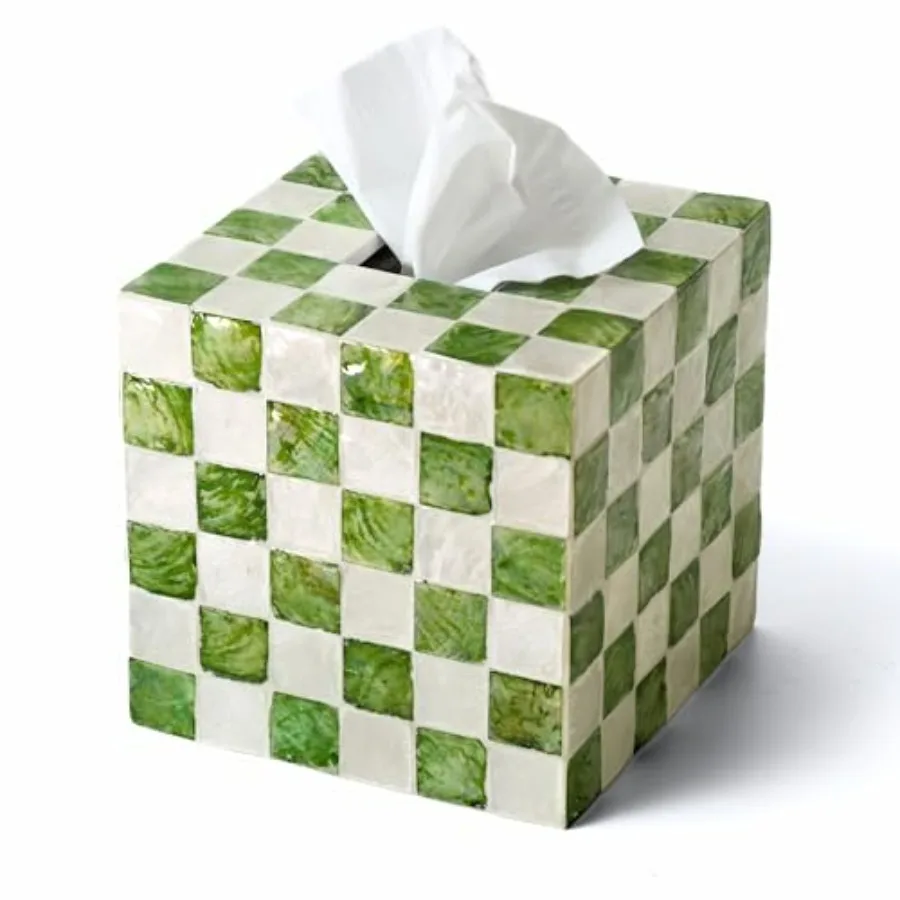 

5.5" Square Tissue Box Cover, Handmade Checkered Cube Tissue Box Cover with Capiz Shells, Decorative Tissue Holder for Living R