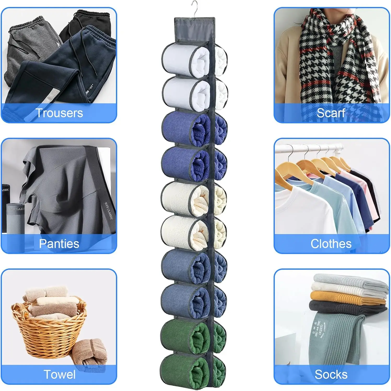 Organisateur de placard suspendu à 20 poches pour leggings, pantalons et jeans - Gris