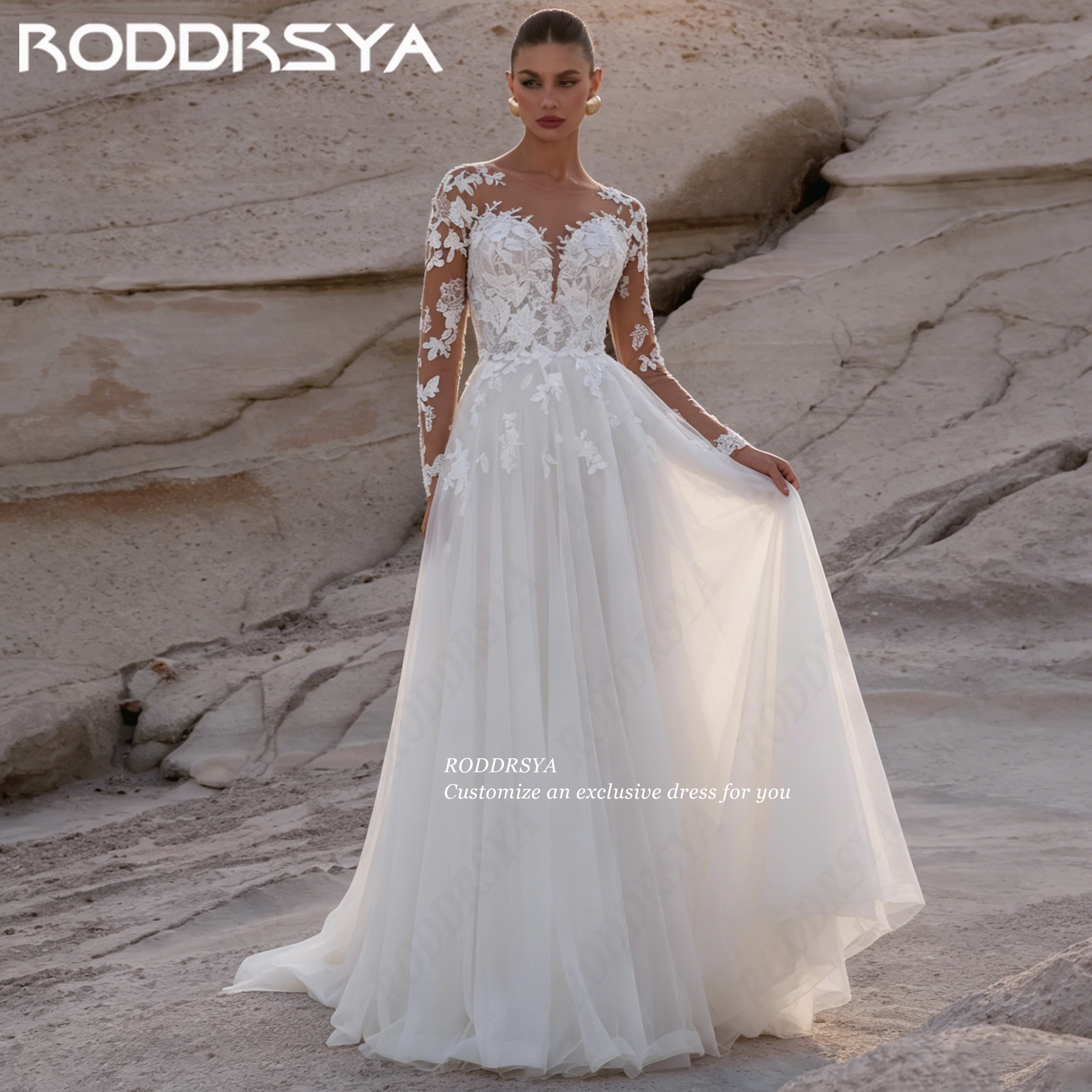 RODDRSYA Customized Lace Applique Wedding Dress Illusion Tulle Bride Gown For Lady A Line Bridal Dresses Long Sleeve abiti sposa