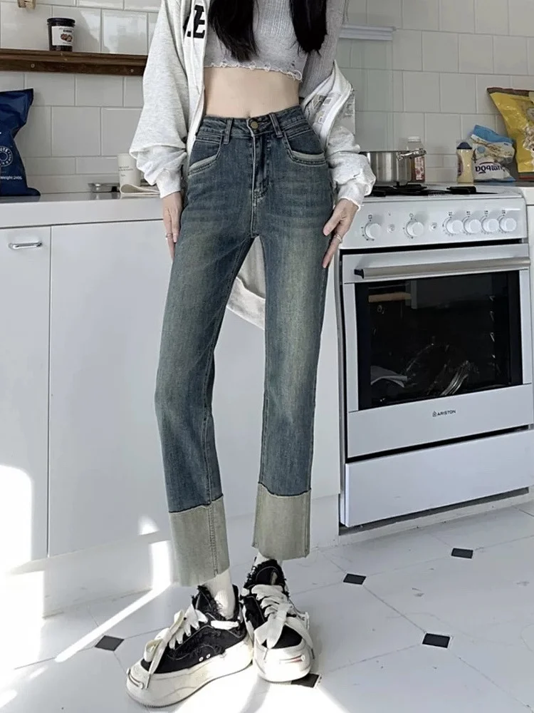 Slim Fit Gerade Bein Elastische Denim Jeans Frauen Sommer Neue Splice Lose Abnehmen Design Einzigartige Kleine Markt Neun Punkt Hosen