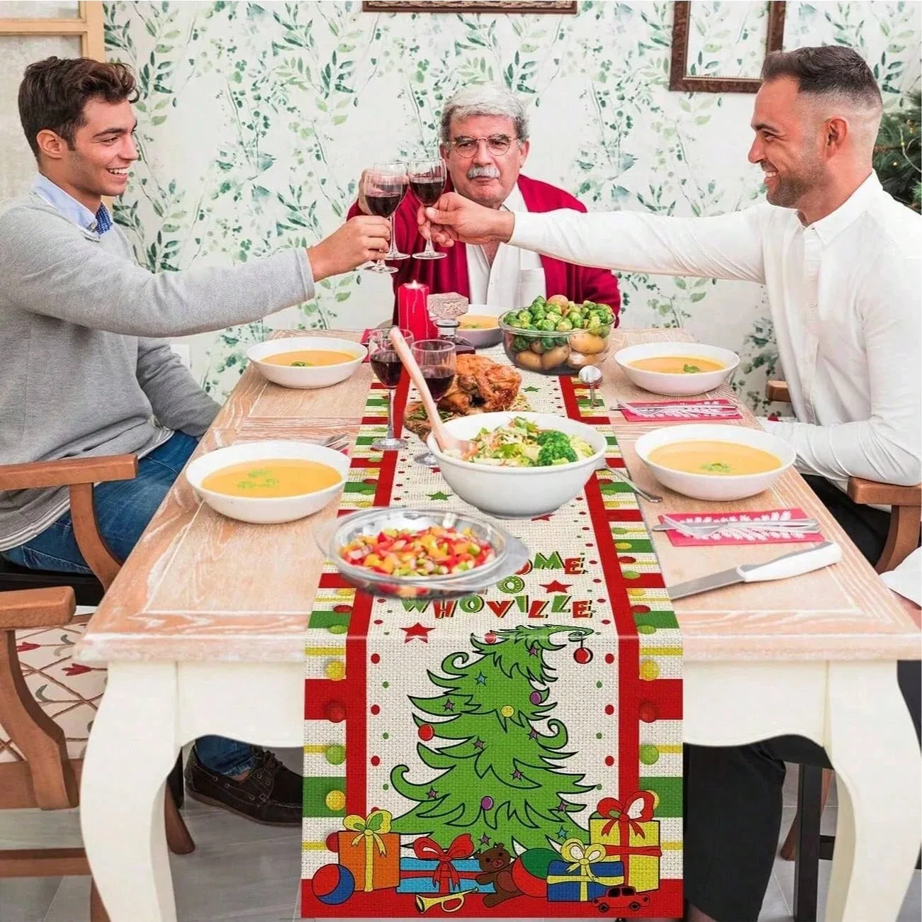 Camino de mesa Grinch con diseño de árbol Whoville, decoración de mesa caprichosa para mesa de comedor, decoración para fiestas navideñas, diseño divertido y duradero