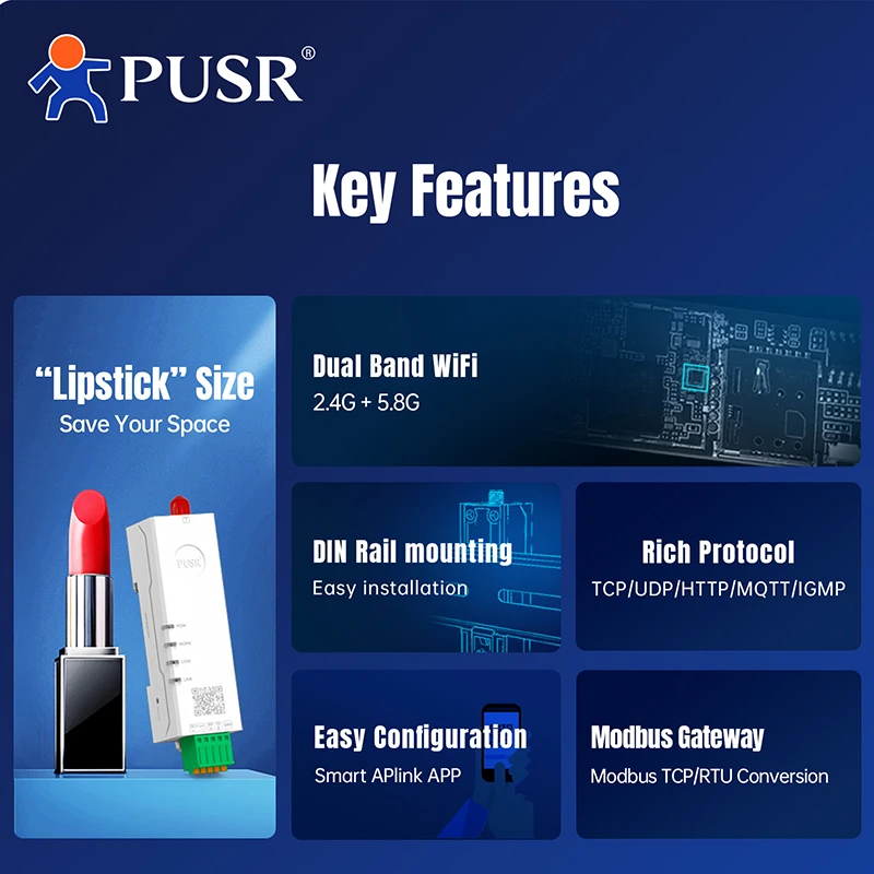 Picture 4: PUSR Serial to Dual Band WiFi Converter RS485/RS232 to WiFi Converter Modbus Gateway with MQTT IEEE802.11 a/b/g/n USR-DR164/162