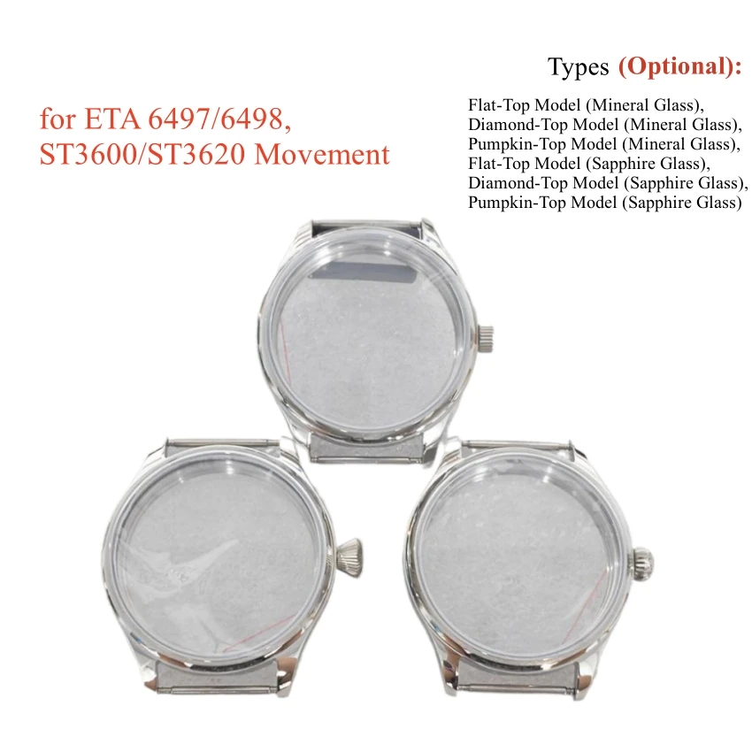 44mm Stainless Steel Transparent Back Watch Case for ETA 6497/6498, ST3600/ST3620 Movement Watch Shell Watch Accessories
