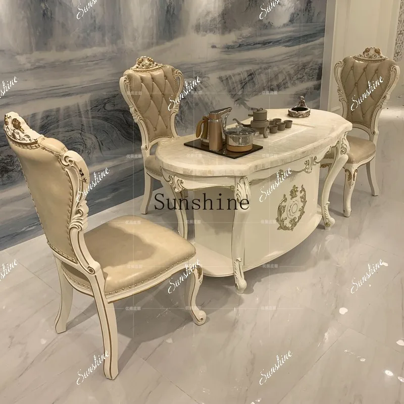 

European tea table table and chair combination marble luxury home solid wood living room white FT