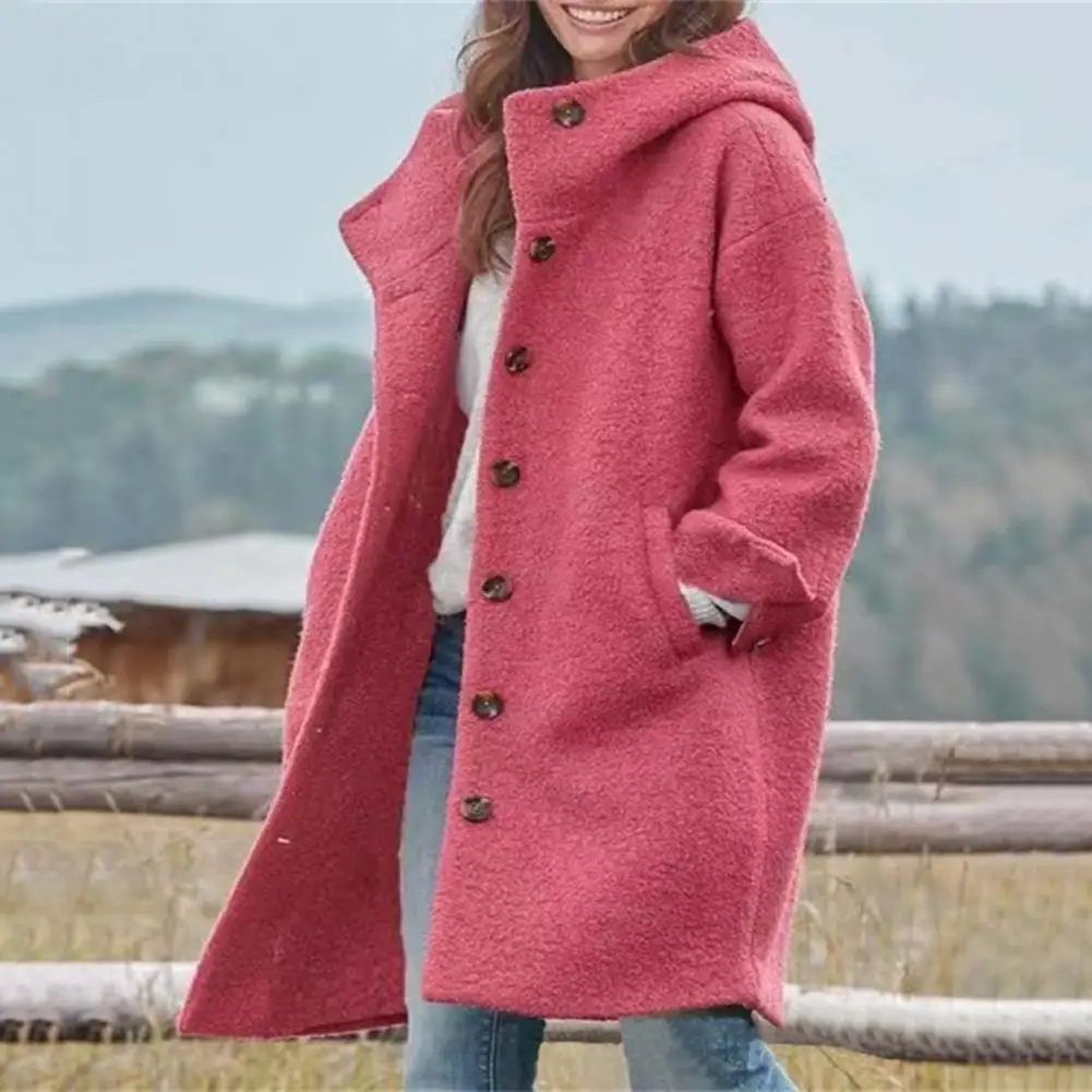 2026 Women Coat Hooded Long Sleeve Buttons Placket Autumn Coat Solid Color Mid-length Casual Outerwear with Pockets