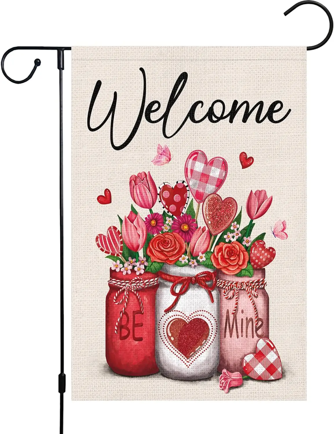 Valentines Day Garden Flag 12x18 Double Sided, Small Burlap Welcome Be Mine Love Garden Yard Flags  Sign Mason Jar Floral