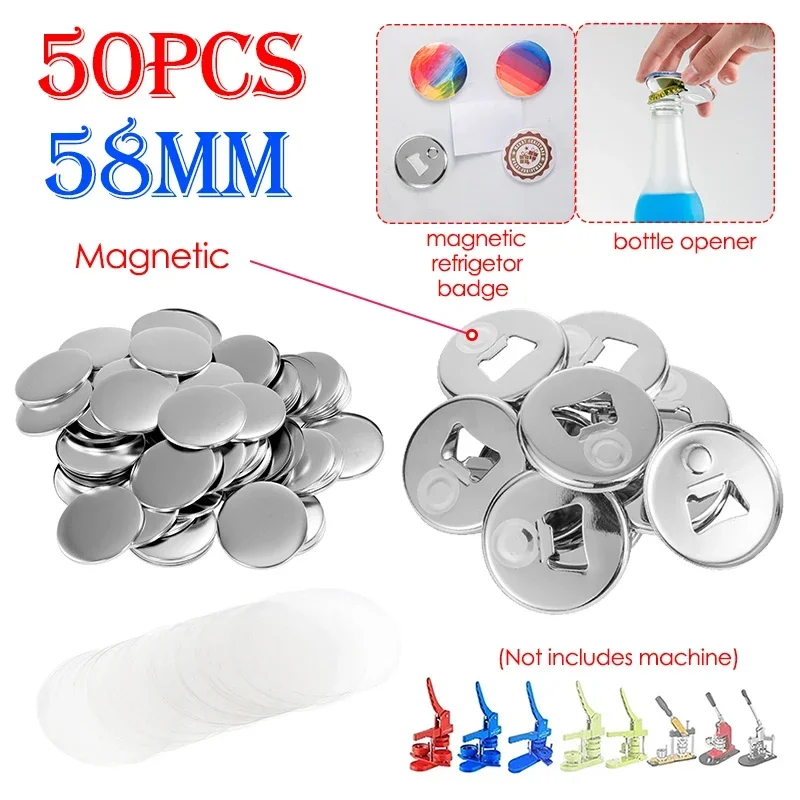 50Sets 58mm Strong Magnets Refrigerator Button and Bottle Opener DIY Making Parts 2 in 1 Art Crafts Magnetic Badge Set Supplies