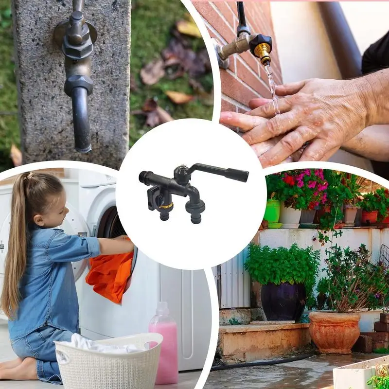 Outdoor Double Taps Water Faucet Double Outlets Garden Brass Faucet 1/2 Inch Inlet Home Water Hose Connector 1-Into-2 Spigot