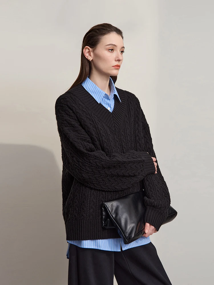 

Amii Women's Sweater 2025 Winter New Minimalist Solid Loose Sweater Women V-neck Pullover Long Sleeve Tops For Woman 12544013