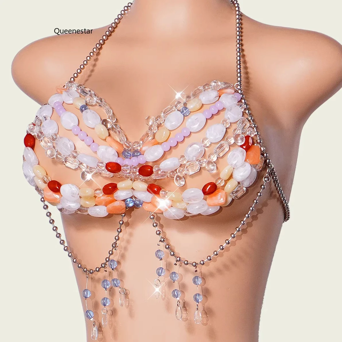 Wholesale Mixed Stone Acrylic Beaded Beast Chain Bikini Crop Tops Sexy Night Clubwear Crystal Beads Breast Body Jewelry Tops