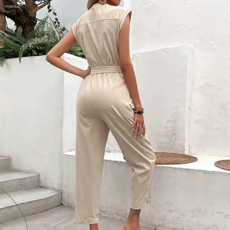 

Summer Women's Casual Jumpsuit Waist-Cinching Ladies' One-Piece Pants Street Sle Diamond Embellied Mid-Waist Cotton Blend