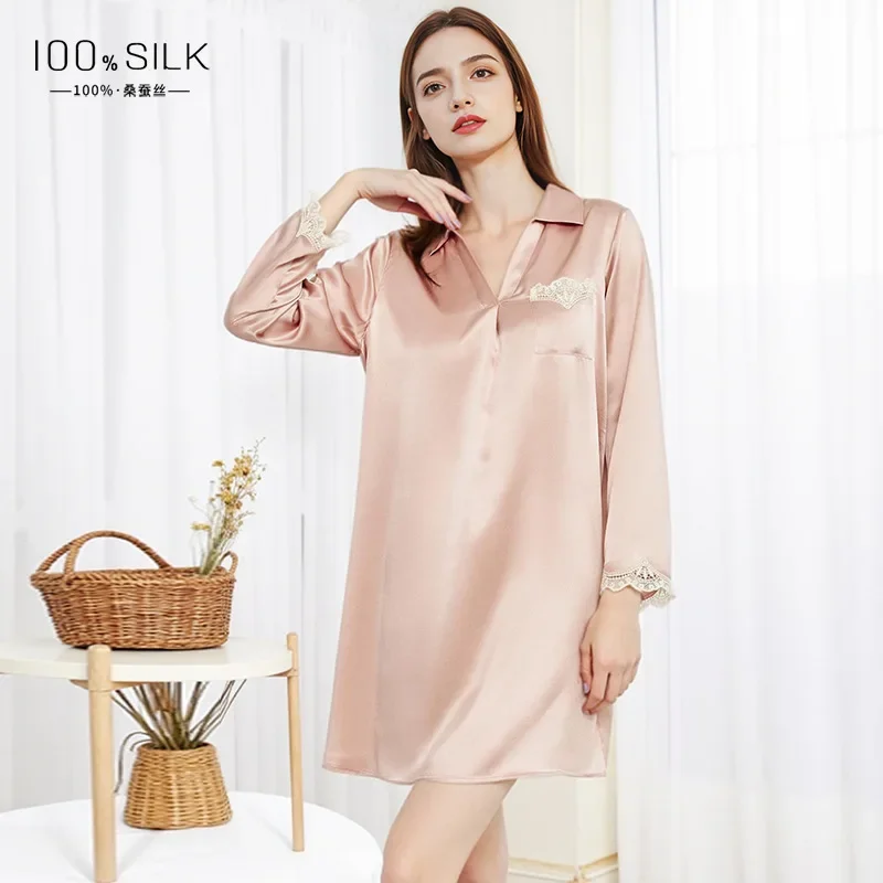 100 Mulberry Silk Lace Trim Sleepshirt Chemise Women's Long-Sleeve Summer Nightgown Sexy Shirt Dress Nightdress Sleepwear Pajama